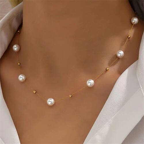 Simple Pearl Beads Chic Exquisite Necklace Gold Color Thin C
