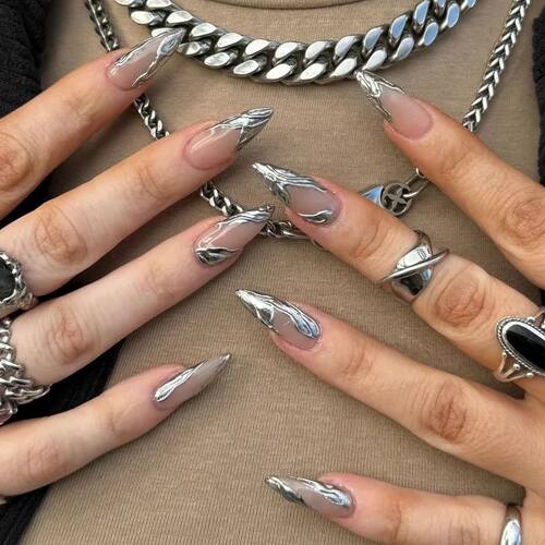 24Pcs French Almond False Nails Glitter with Rhinestones Wea