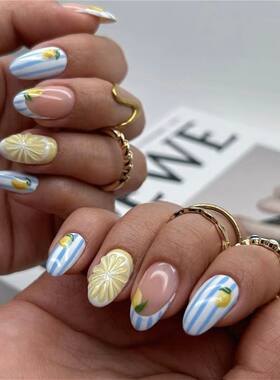 3D Lemon Blue White Striped French Nail Art Summer Chic Shor
