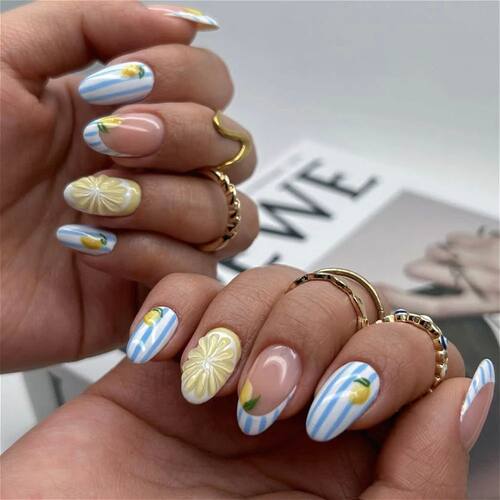 3D Lemon Blue White Striped French Nail Art Summer Chic Shor