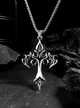 Hip Hop Flame Cross Pendant Necklace Stainless Steel Minimal