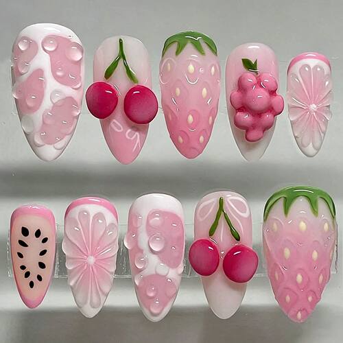 24pcs SummerPress on Nails Fruit Pink Strawberry Almond Fals
