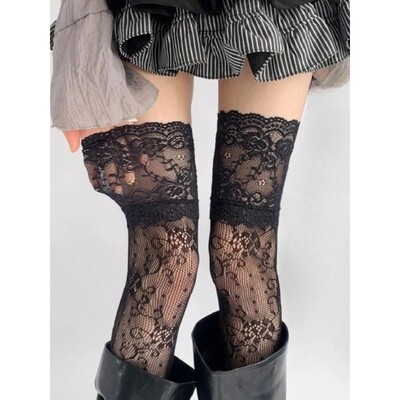 Women's Sexy Lace Trim Nylon Fishnet Stockings Retro Floral