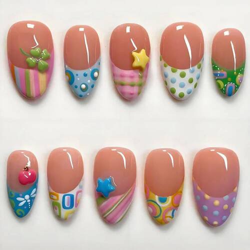 24PCS 3D Apple Star Cute Almond False Nails Colorful Polka D
