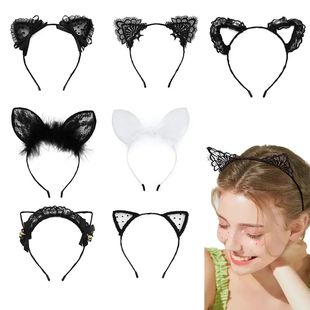 Sexy Black White Cat Ears Head Bezel Sweet Lace Hairband for