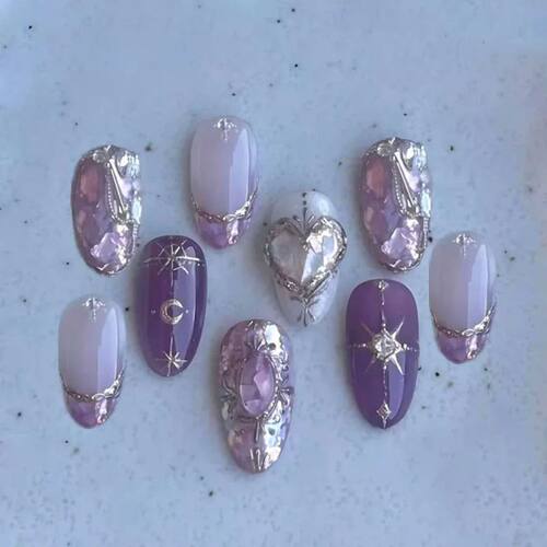 24pcs Diamond Love Design Nails Sets Press on Purple Short A
