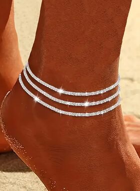 3 Pcs Sparkling Chain Anklet Sets for Women Zircon Heart Mul