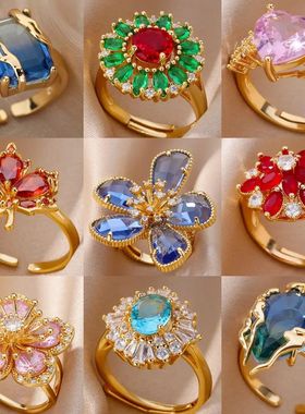 Stainless Steel Rings Gold Plated Colorful Stone Zircon Crys
