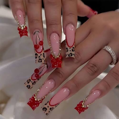 24Pcs Long Square Press on Nails Leopard Print French 3D Che