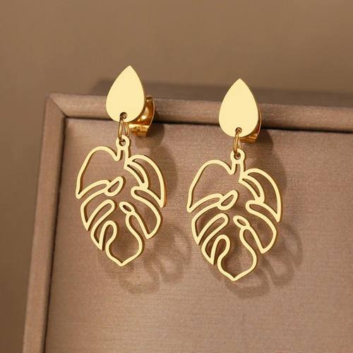 Stainless Steel Earrings Classic Vintage Water Drop Plant Le