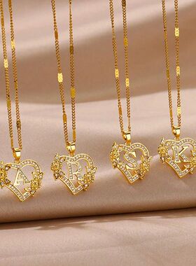 Heart Initial Letter Necklaces For Women Gold Color Stainles