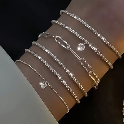 6Pcs 925 Sterling Silver Rhinestone Bracelets for Women Girl