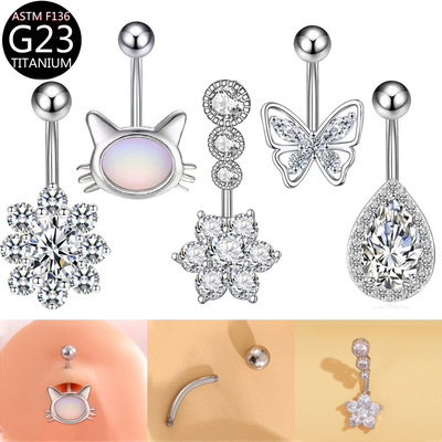 Titanium Alloy Water Droplets Kitten Zircon Navel Ring Mater