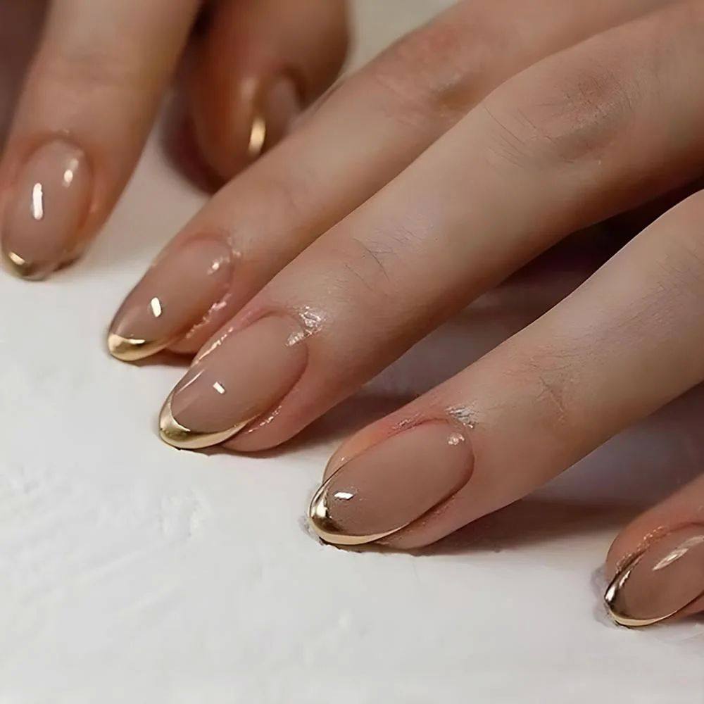 24Pcs Golden French Fake Nail with Almond Head Design Simple