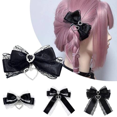 2/1pcs Y2k Gothic Harajuku Lace Bow Hair Clips Lolita Girls