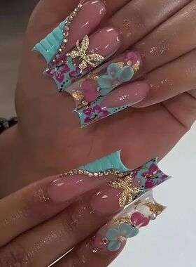 24Pcs Brown Long Coffin False Nails Glitter Ballet Wearable