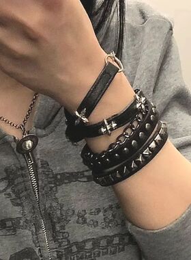 Punk Y2k Layered Bracelet Leather Band Metal Rivets and Cha