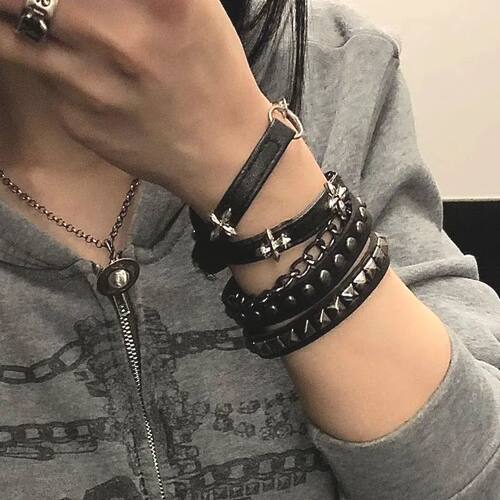 Punk Y2k Layered Bracelet Leather Band Metal Rivets and Cha