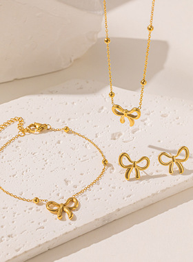 Princess At Large Bow Round Ball Titanium Steel Necklace Set