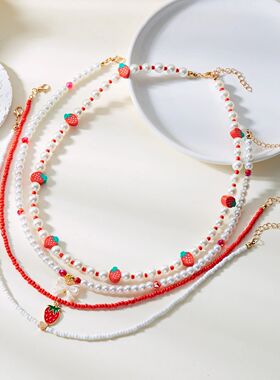 Boho Summer Sweet Strawberry Beaded Necklace for Women Girls