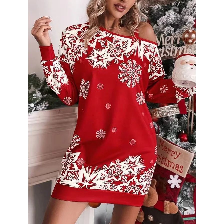 New Christmas Snowflake Print Off Shoulder Dress WomenWinter
