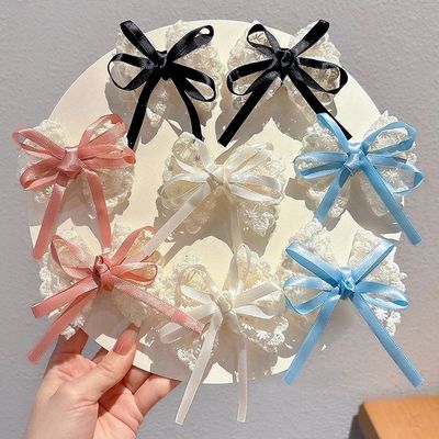 2Pcs Elegant Lace Bow Hairp WomenRed Ribbon White Floral Des