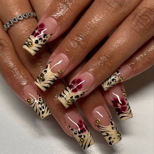 Black Leopard Print Light Yellow French Red Flowers Nail Art