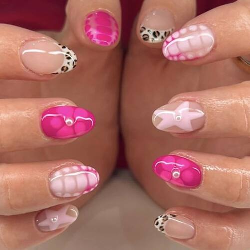 Pink Star Rose Red Flowers Leopard French Nail Art Pearl Chi