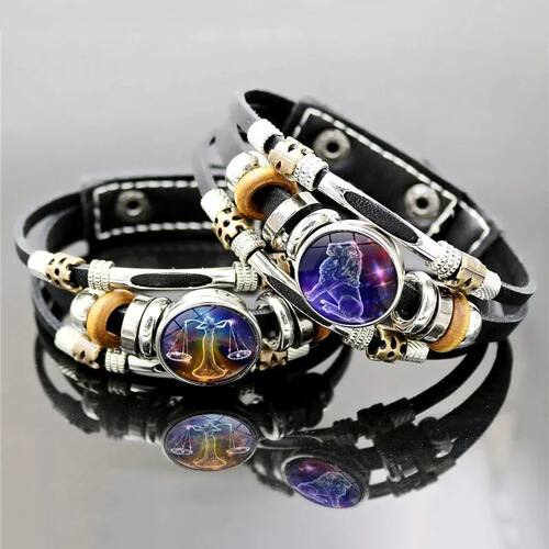 12 Constellation Leather Bracelet Zodiac Sign Glass Snap But