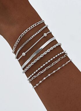 Women Chain Bracelet Silver Color, Stainless Steel Link Stac