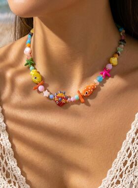 Beach Style Colorful Ceramic Fish Starfish Choker Necklace F