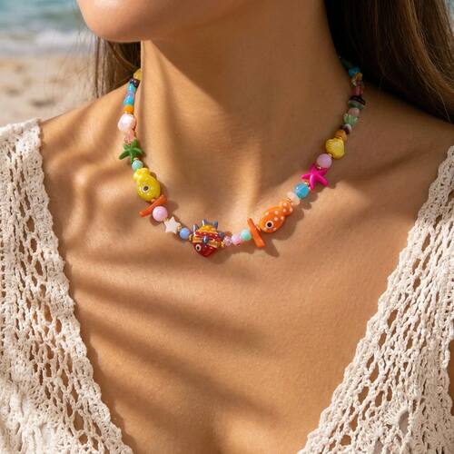 Beach Style Colorful Ceramic Fish Starfish Choker Necklace F