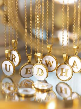 Stainless Steel Initial Necklace Gold Color Round Shell Lett