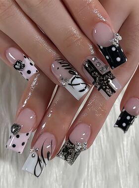 24pcs Mid-length Coffin False Nails Dark Metal Bows Heart De