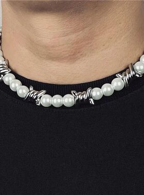Punk Imitation Pearl Thorns Chain Necklace For Men Women Hip