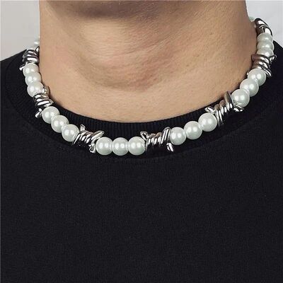 Punk Imitation Pearl Thorns Chain Necklace For Men Women Hip