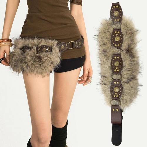 American Style Y2k Faux Fur Patchwork Belt for Women Punk Pe