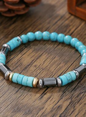 Fashionable Turquoise Black Stone Bead Bracelet Handmade Ela