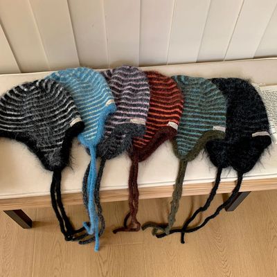 Winter Hat Women Wool Knitted Striped Beanie Baggy Cap Warm