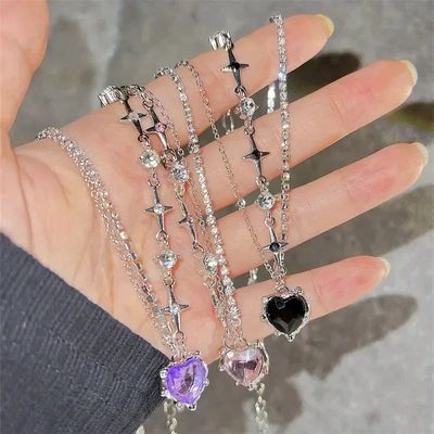 Y2K Purple Crystal Heart Pendant Necklace Women Sweet Cool G