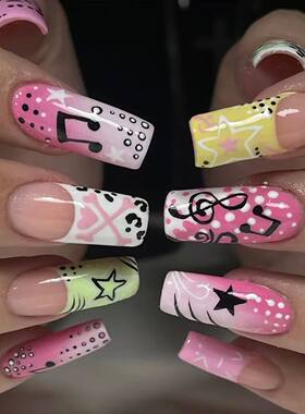 24pcsGirl Style Fake Nails Musical Note Star Pattern Long Co