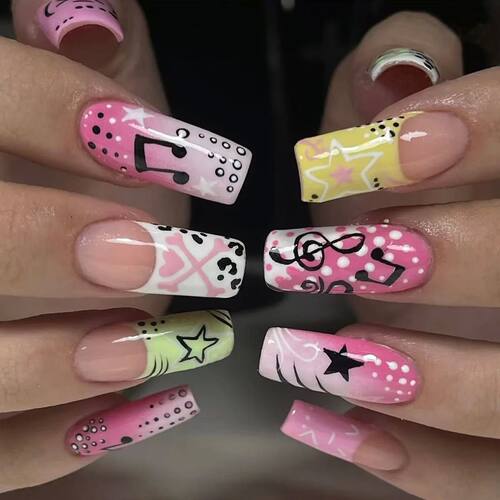 24pcsGirl Style Fake Nails Musical Note Star Pattern Long Co