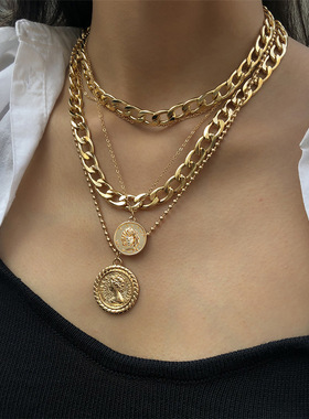 Alloy Necklace Multilayer Round Human Head Hip Hop Pendant N
