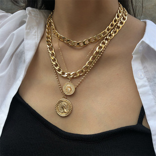 Alloy Head Pendant Human Hop Round Multilayer Necklace Hip