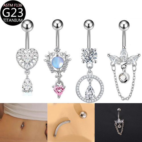 Titanium Peach Heart Water Drop Chain Zircon Navel Ring Mate