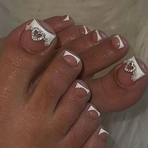 24PCS White French Style Pressed Toenail Art Heart-Shaped Rh