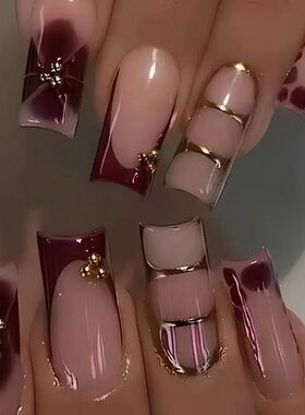 24Pcs Retro Flower Long Coffin French Fake Nails Caviar Bead