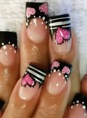 Y2K Girls Black French Fake Nails 24Pcs Short Square Press O