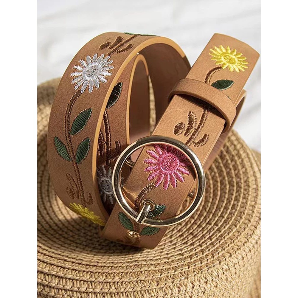 Women’s western buckle embroidered strap jeans belt