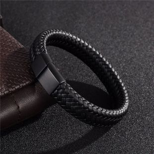 Retro Men's Leather Open Bangle, Simple Multi-Size Woven Lea
